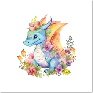 Cute Spring Flower Dragon Watercolor Posters and Art